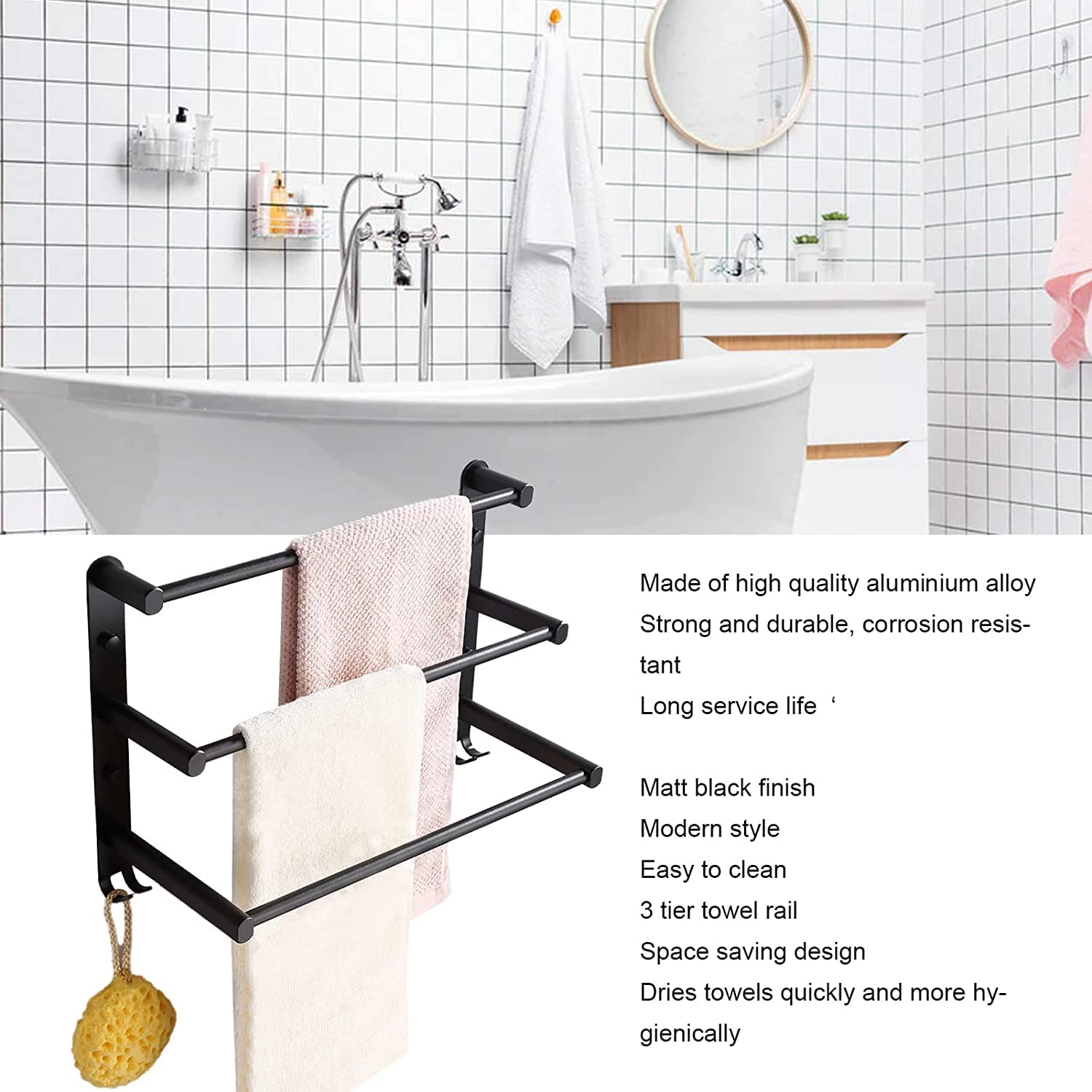 Soporte for Toallas Soporte for Toallas de té Ganchos for Toallas Toallero, Barra for Toallas de baño de 3 Niveles, Colgador for Toallas de baño montado en la Pared