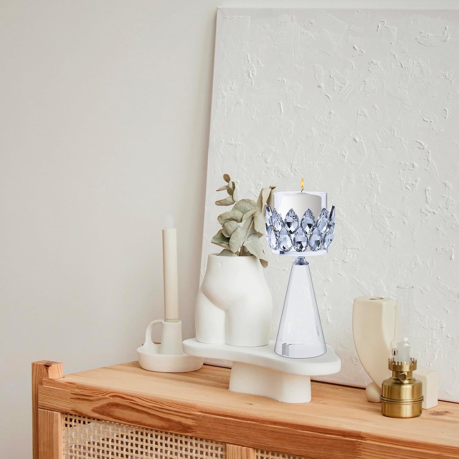 Hurricane Candle Holder, Silver Crystal Glass Candle Holders for Table Centerpiece, Shabbat Votive Candle Holders