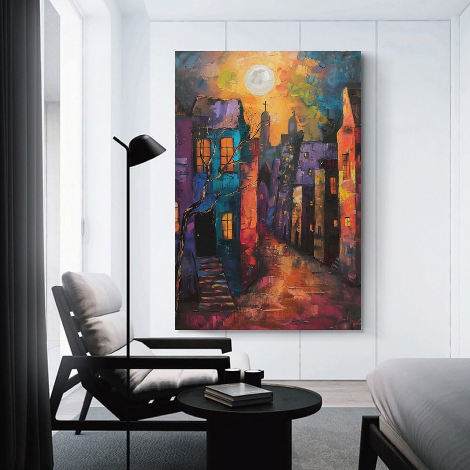 Junmoney Unframe-Style Moonlit European Cityscape Painting Hanging Wall Art, 24X36inch(60X90cm), For Entrance Walls, Hall Decor Or Foyers, Wall Decor To Refresh Empty Corners