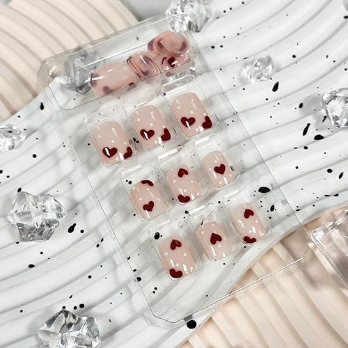 Miniatura 3 de 24 uñas postizas a presión con puntas francesas para el día de San Valentín, uñas postizas cuadradas cortas con diseño de corazón rojo, uñas de San