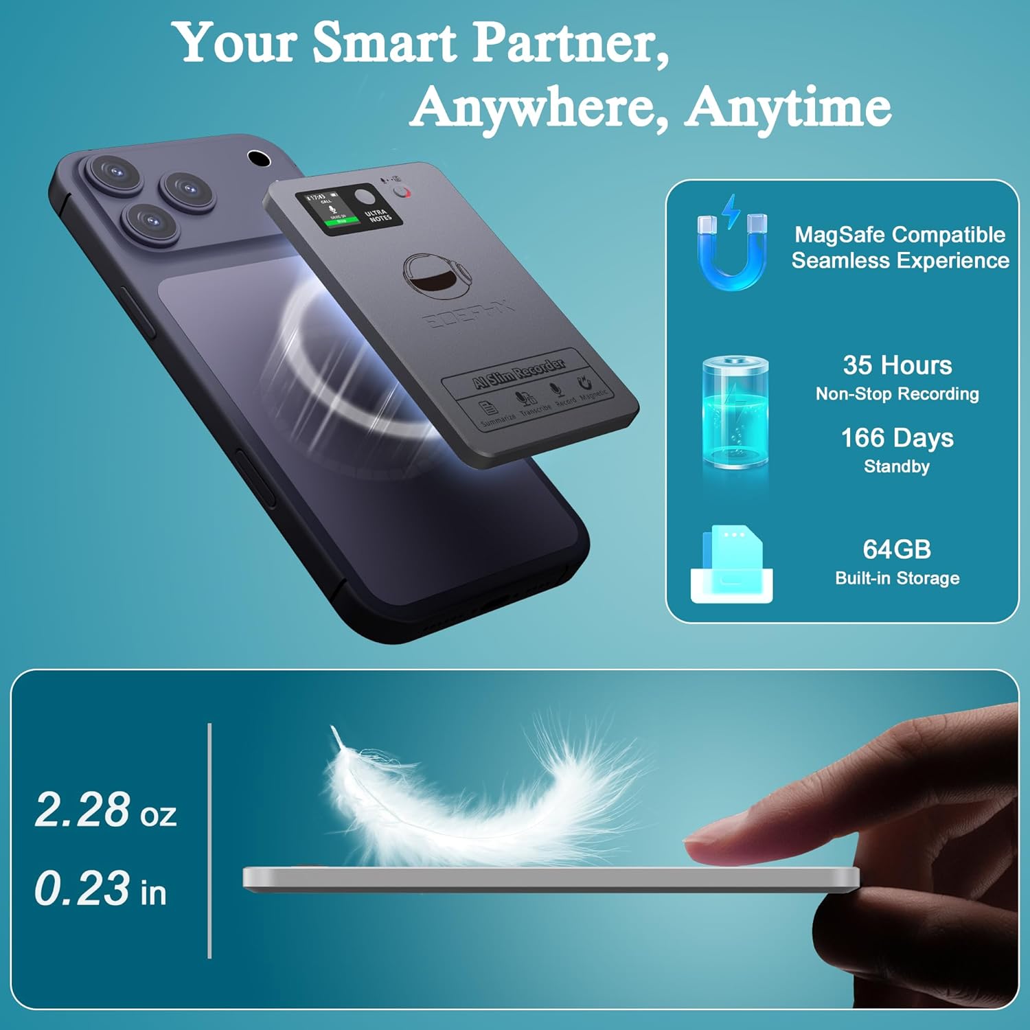 AI Voice Recorder, Transcribe & Summarize with Deep AI Analysis, Support 152 Languages, App Control, AI Noise Cancellation, Upgraded Built-in MagSafe, 64GB Audio Recorder for Meetings, Lectures, Call