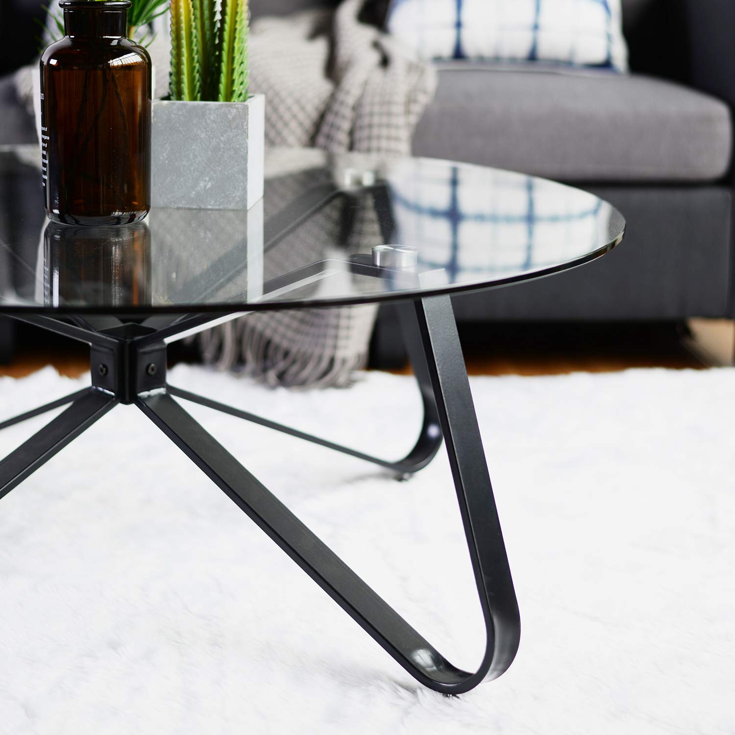 Furnish 1 Couchtisch Rund aus Glas Design Beistelltisch Wohnzimmertisch Sofatisch Kaffeetisch mit Metall Rotondo in Vetro Salotto, tavolino da caffè, Nero, 80x80x40cm