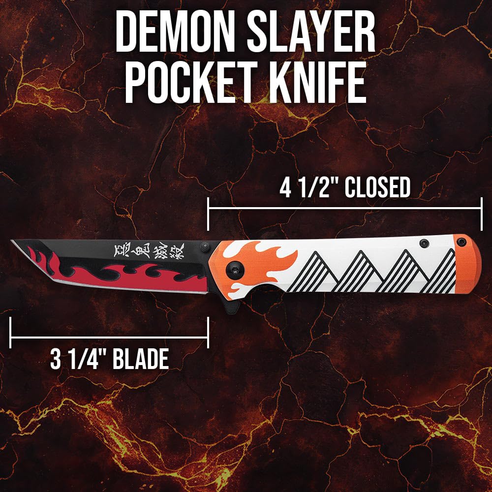 Demon Slayer Pocket Knife | 3 1/4” 3Cr13 Stainless Steel Reverse Tanto Blade | Assisted Opening Liner-Lock | 3D-Printed Aluminum Handle Scales | Black Pocket Clip with Kanji | 4 1/2” Overall Length