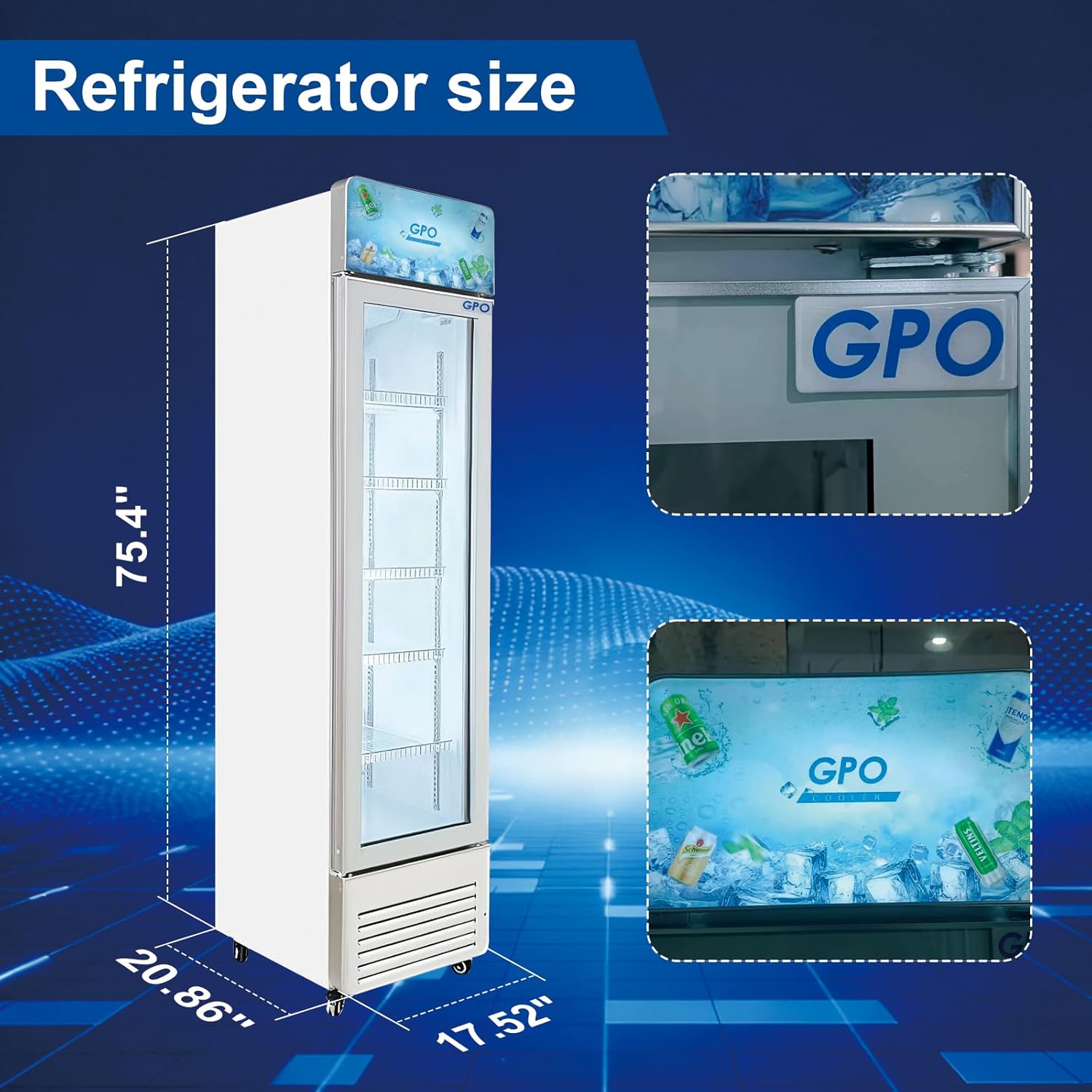 Beverage Refrigerator, 5.5 cuft Slim Upright Commercial Display Cooler with LED Lighting&U shape canopy&Glass Door Merchandiser Cooler, ETL, for Apartment, Shop, Restaurant