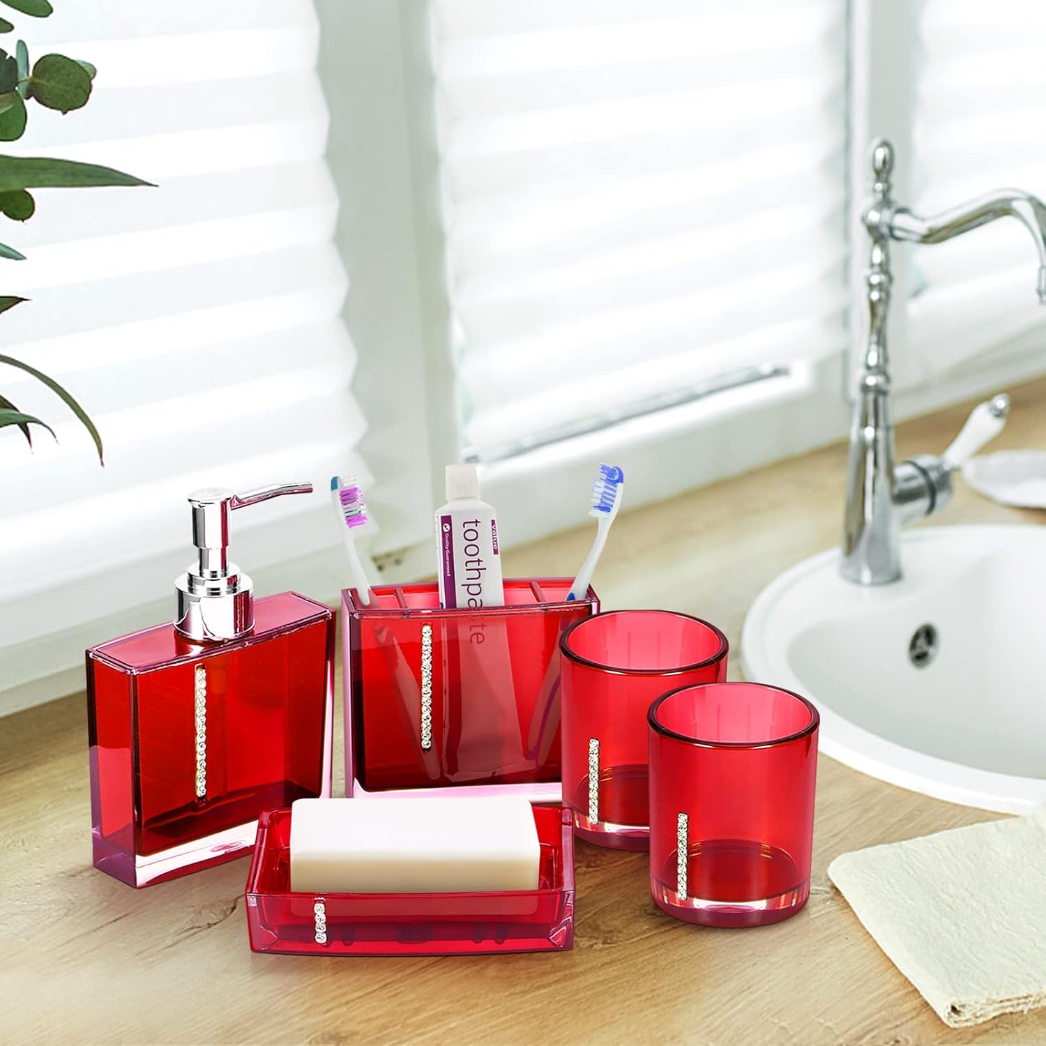 Red Bathroom Accessories Set Bathroom Designer 5-Piece Bath Accessory Set,Acrylic Gift Set Toothbrush Holder Toothbrush Cup Dispenser Dish Toilet Brush Holder Trash Can Tumbler