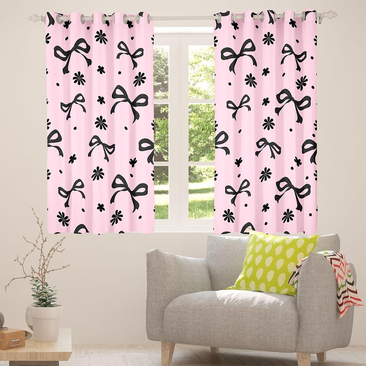 Homewish czarna różowa kokardka kawaii księżniczki zasłony okienne 117 x 137 cm, 2 zestawy paneli - kwiatowe zasłony zaciemniające kwiaty w kropki ozdoby okienne zasłony kokardka wstążka do