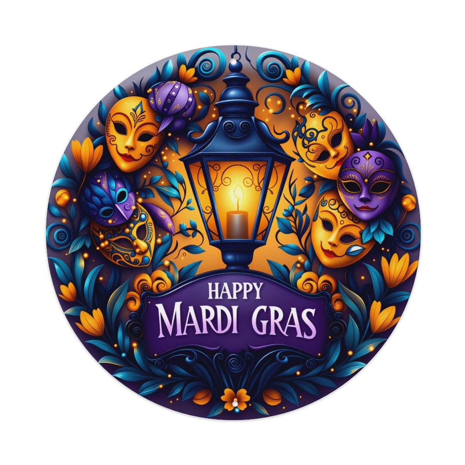 Wmlzdnwr Vintage Mardi Gras Masks Lantern Flowers Decorative Pattern Round Tin Sign,Retro Wall Art,Metal Poster For Home, Bar, Garage, Cafe, Rustic Indoor & Outdoor Decor, 8X8 Inches