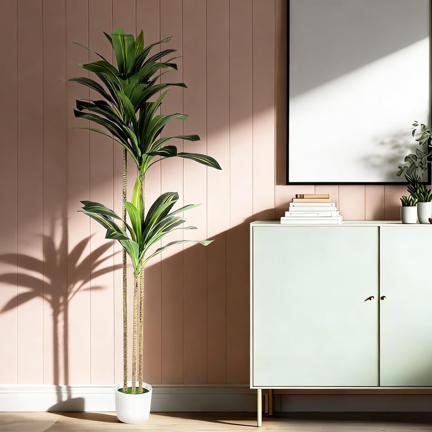 Artificial Dracaena Tree 5.2FT 3 Stems Realistic Faux Yucca Tree with White Nursery Pot, Lifelike UV-Resistant Leaves, Low-Maintenance Tall Floor Plant for Indoor Outdoor Home Office Living Room Decor