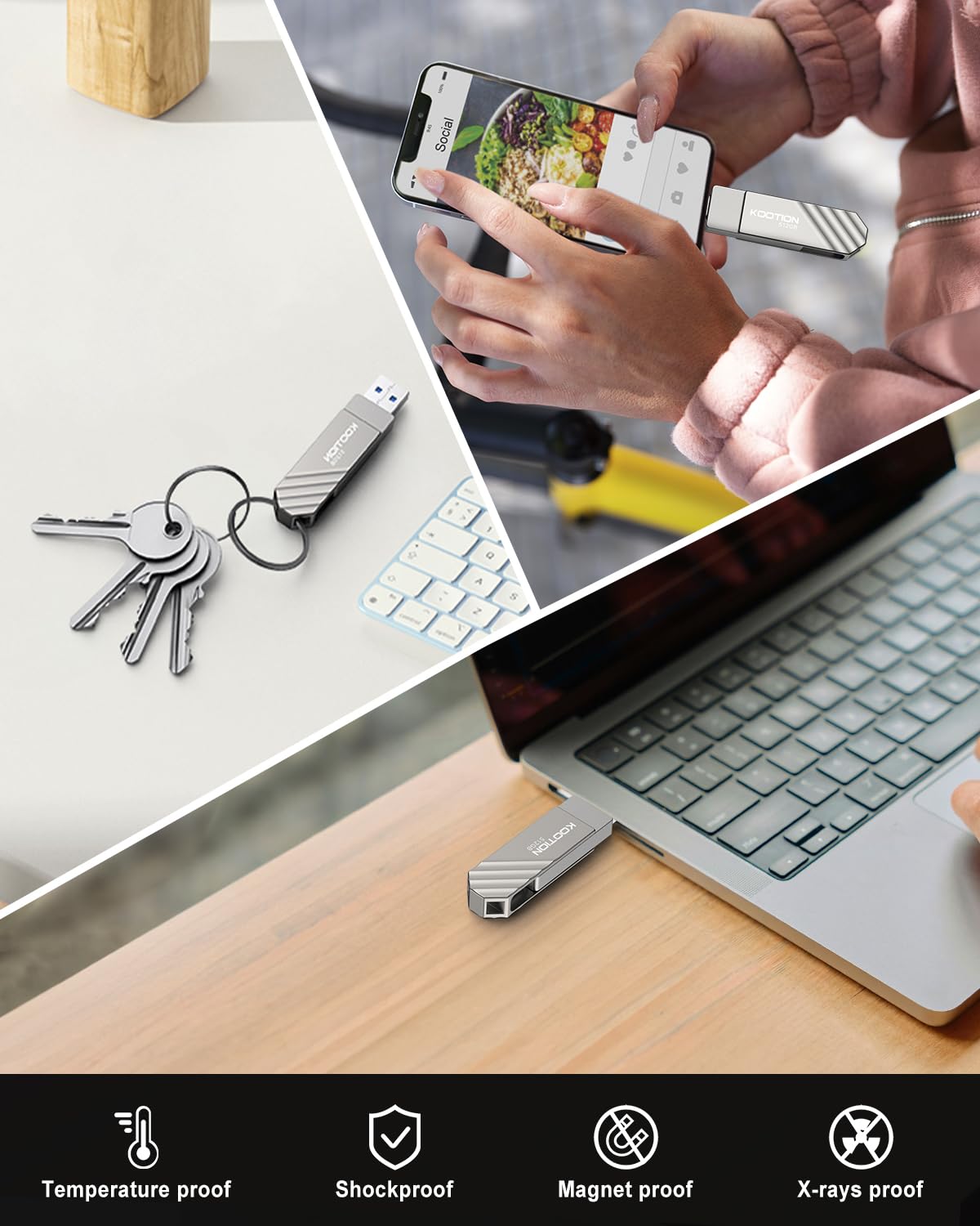 KOOTION Cle USB 512 GO Clé USB C 3.2 Clef USB 512Go OTG Jusqu'à 500MB/s 2-en-1 Double Connecteurs Externe SSD Métal pour Type-C-iPhone/Android-Smartphone/Tablette/Mac/PC, Argent