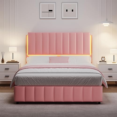 Miniatura 8 de Base de cama tapizada individual con luces LED, plataforma de piel sintética con cabecera y soporte de listones de madera, no necesita somier, sin