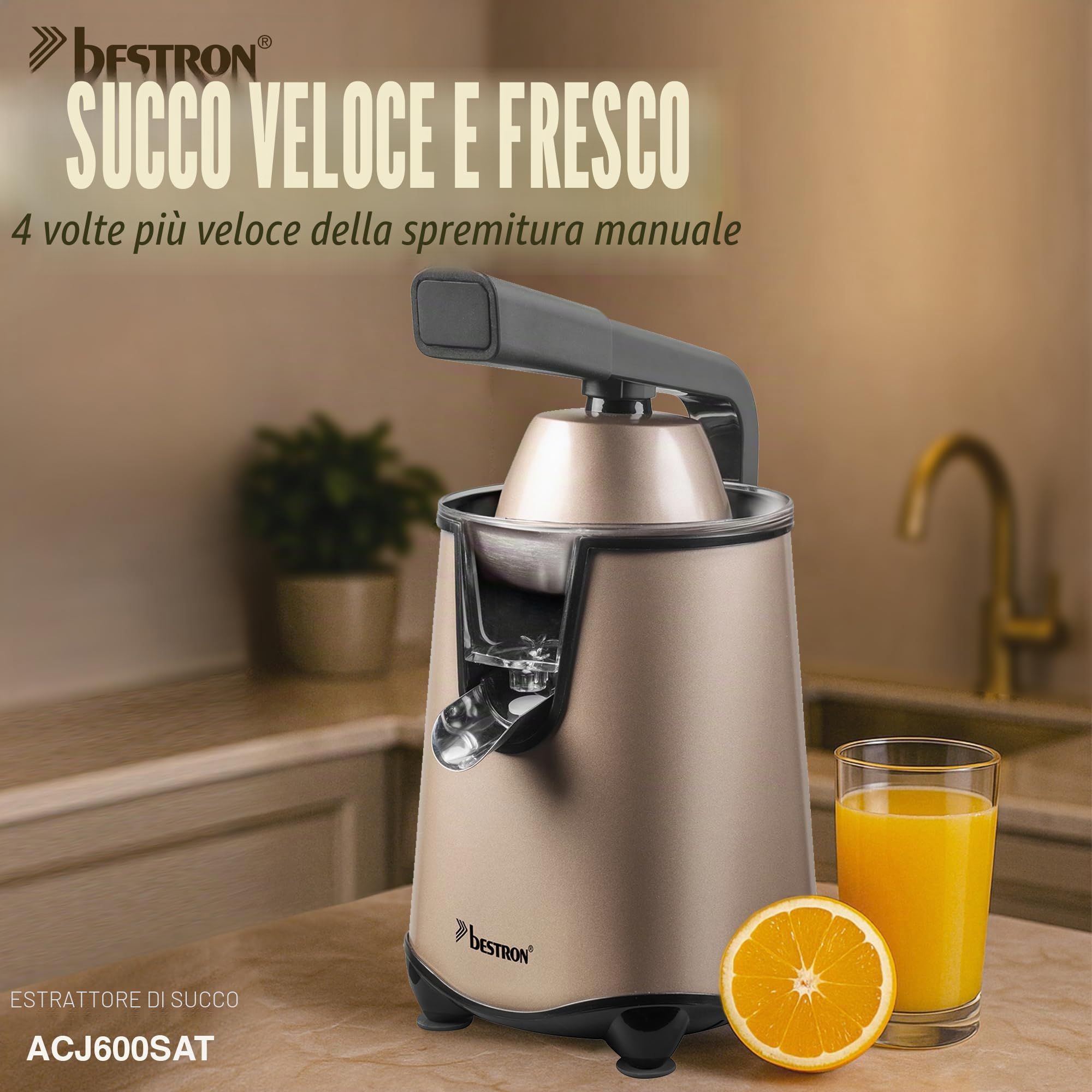 Bestron Spremiagrumi elettrico, spremiagrumi con funzione di arresto e filtro polpa in acciaio inox, con 2 coni, capacità 450 ml, leva soft pressa per un facile utilizzo, colore: beige