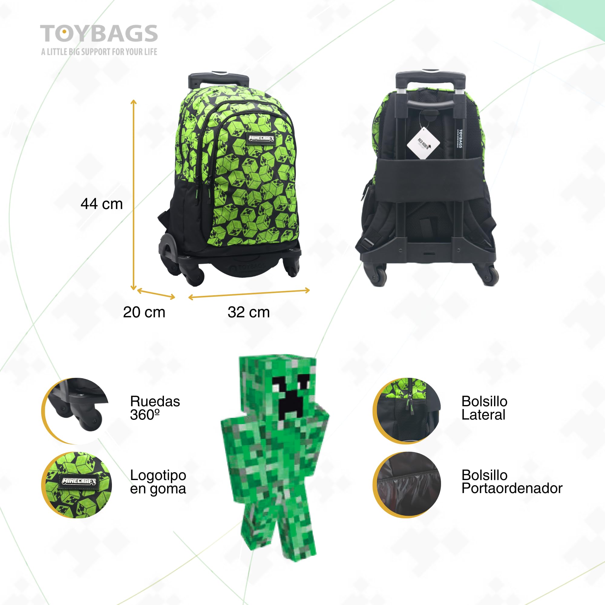 Mochila Escolar Minecraft Cubos Doble Compartimento Adaptable + CARRO NEGRO TOYBAGS CON PROTECCION LATERAL Y STOPER FRONTAL ANTI CAIDA 4 ruedas giratorias - 44 X 30 X 20 CM