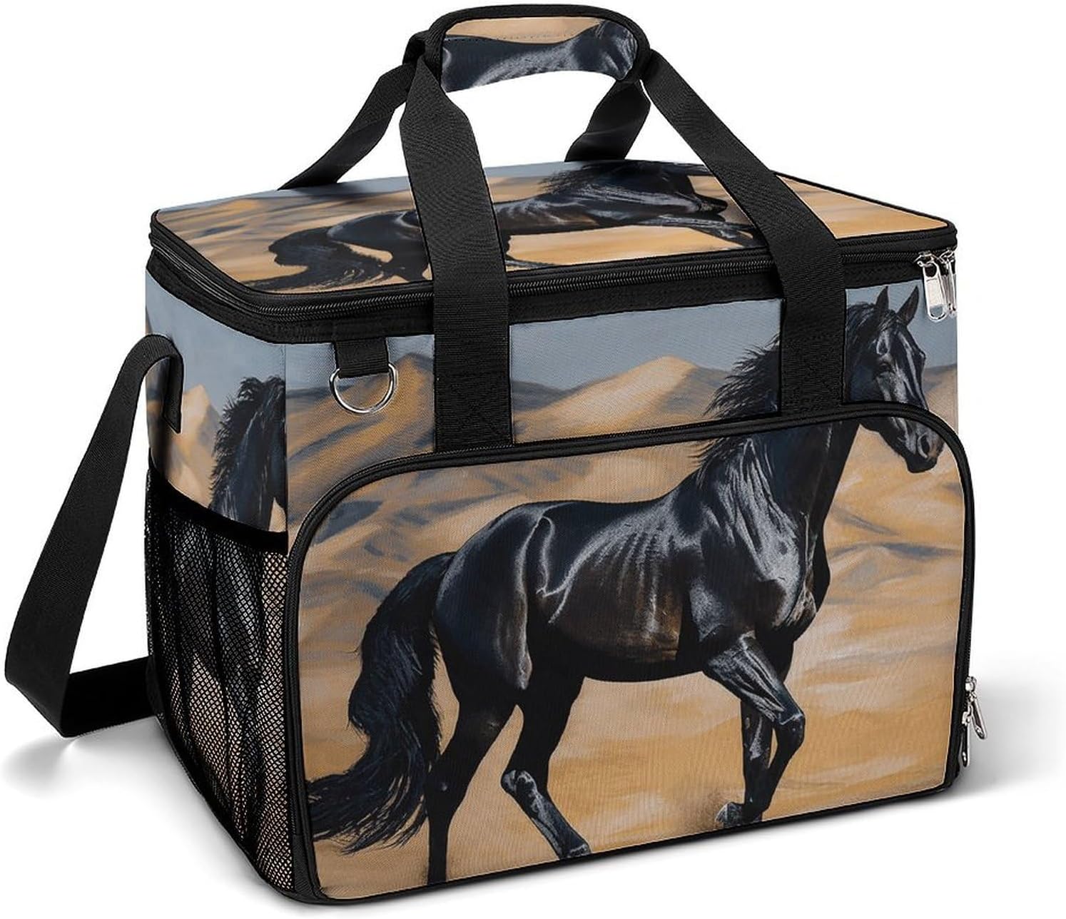 Insulated Picnic Backpack Tote Bag, Large Capacity 30L Black Arabian Horse Cooler Bag Leakproof Beach Bags Portable Lunch Box Waterproof Picnic Basket for Beach Camping BBQ