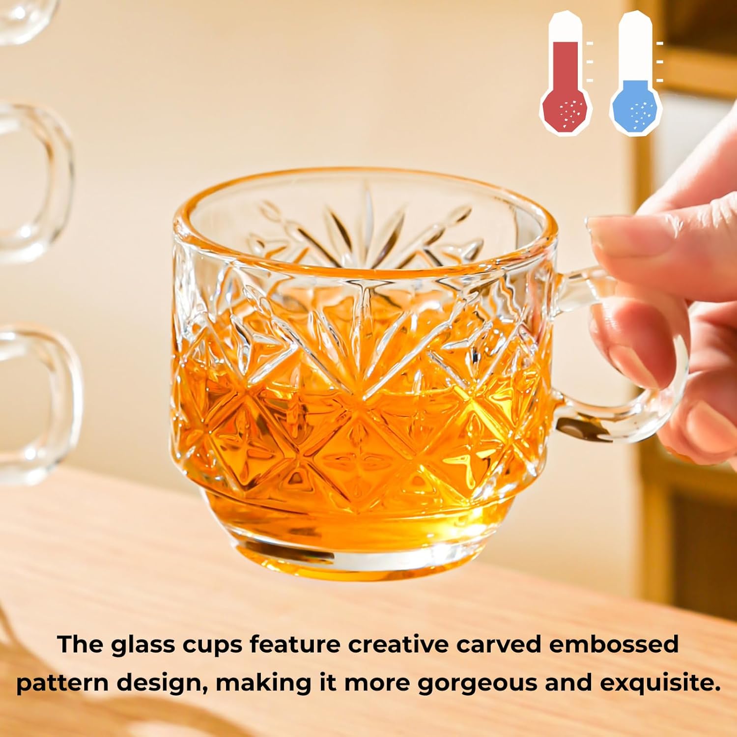 Atarvana 6 Pack Glass Tea Cups and Saucers Set with Spoons, Glazeal Stackable 5.41oz/160ml Heat-Resistant Espresso Cups, Transparent Tea Glass for Cappuccino, Latte, Cafe and Home Kitchen Use