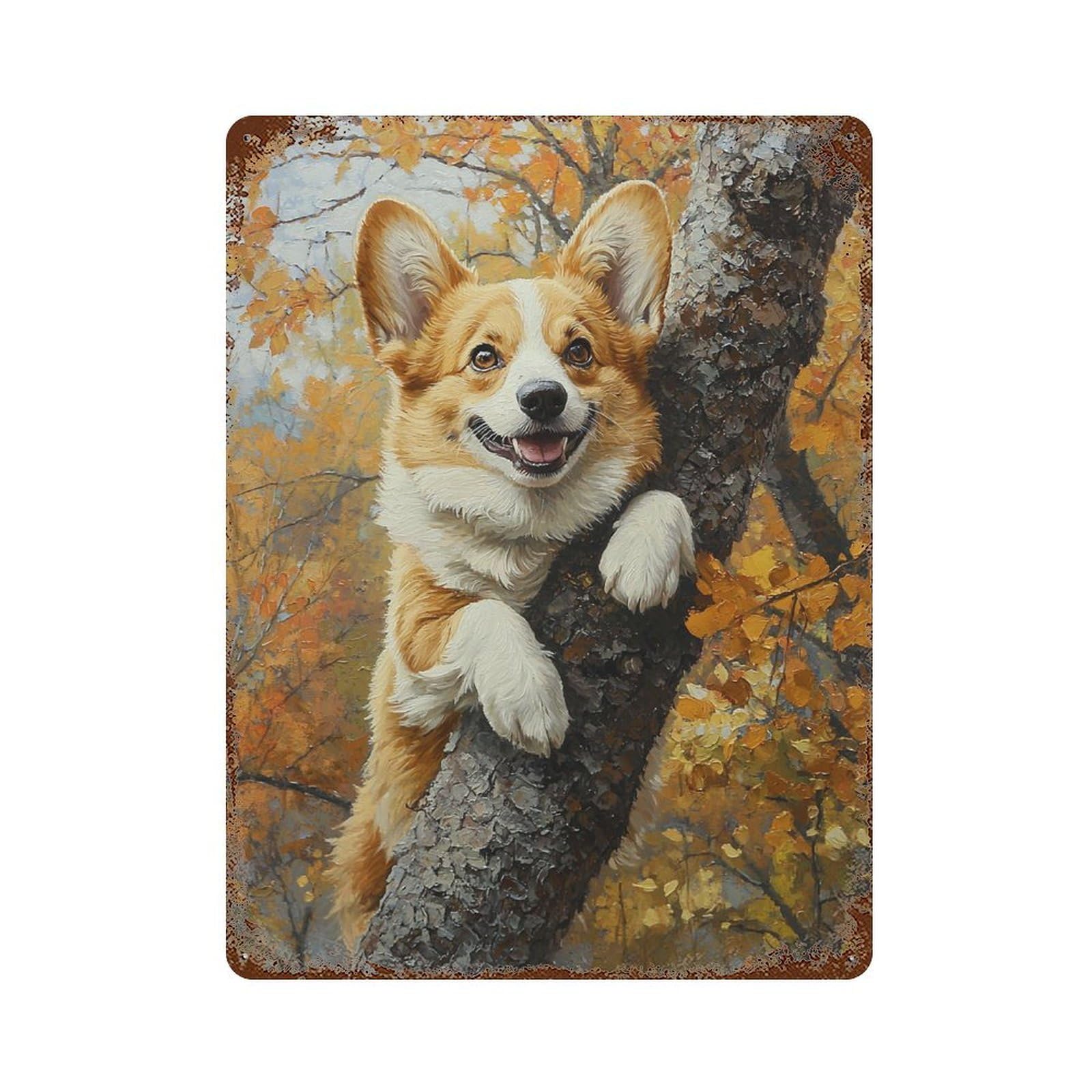 Corgi Dog Autumn Painting Aged Metal Wall Plaque 15.7"x11.8", Classic Wall Plaque for Garage, Pub Or Kitchen