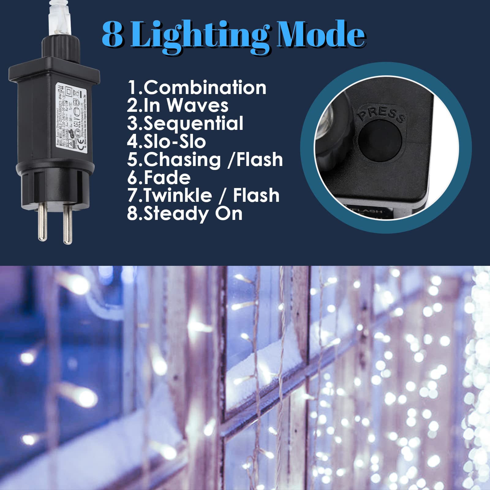 Sonnewelt Catena luminosa a LED, 100 m, 400 LED, luce bianca fredda, impermeabile, alimentata con spina, 8 modalità, funzione di memoria, decorazione per interni ed esterni