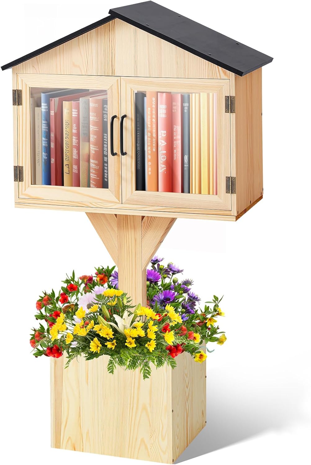 Wonderjune Little Library Box Outdoor Free Library Kit, Durable Weatherproof Solid Wood Book Exchange Box with Floor Plugs and Small Flower Fence for Neighborhoods, Community, Literature, Newspapers
