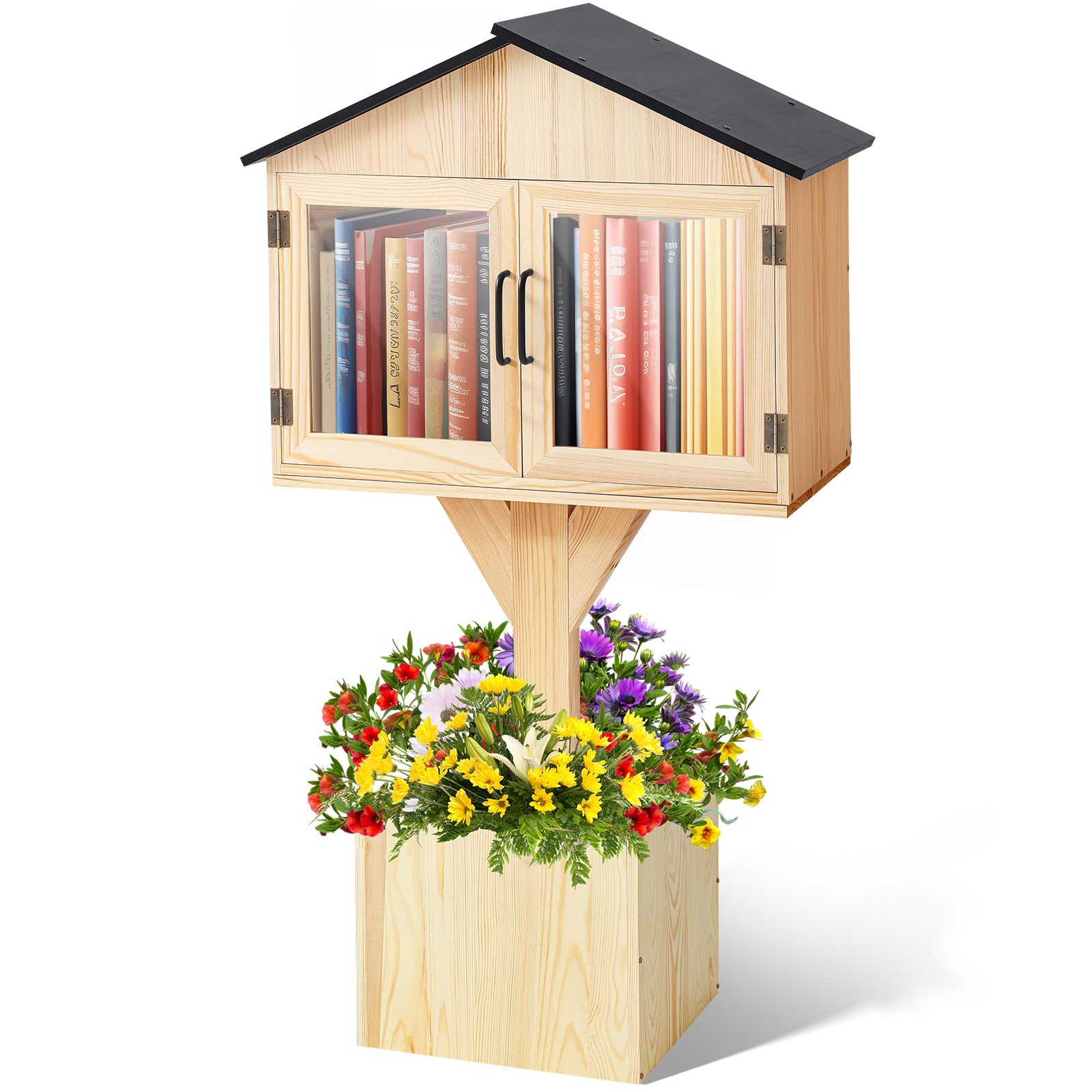 Wooden Little Library Box Outdoor Free Library, Large Size, Double Door Box Storage with Floor Plugs and Small Flower Fence for DIY Neighborhoods, Community, Literature, Newspapers