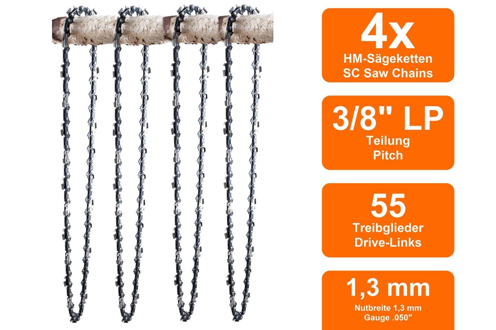 4 Chaînes + guide adapté pour Castor High-Tech 1.6 | 40cm 3/8LP 55M 1,3mm