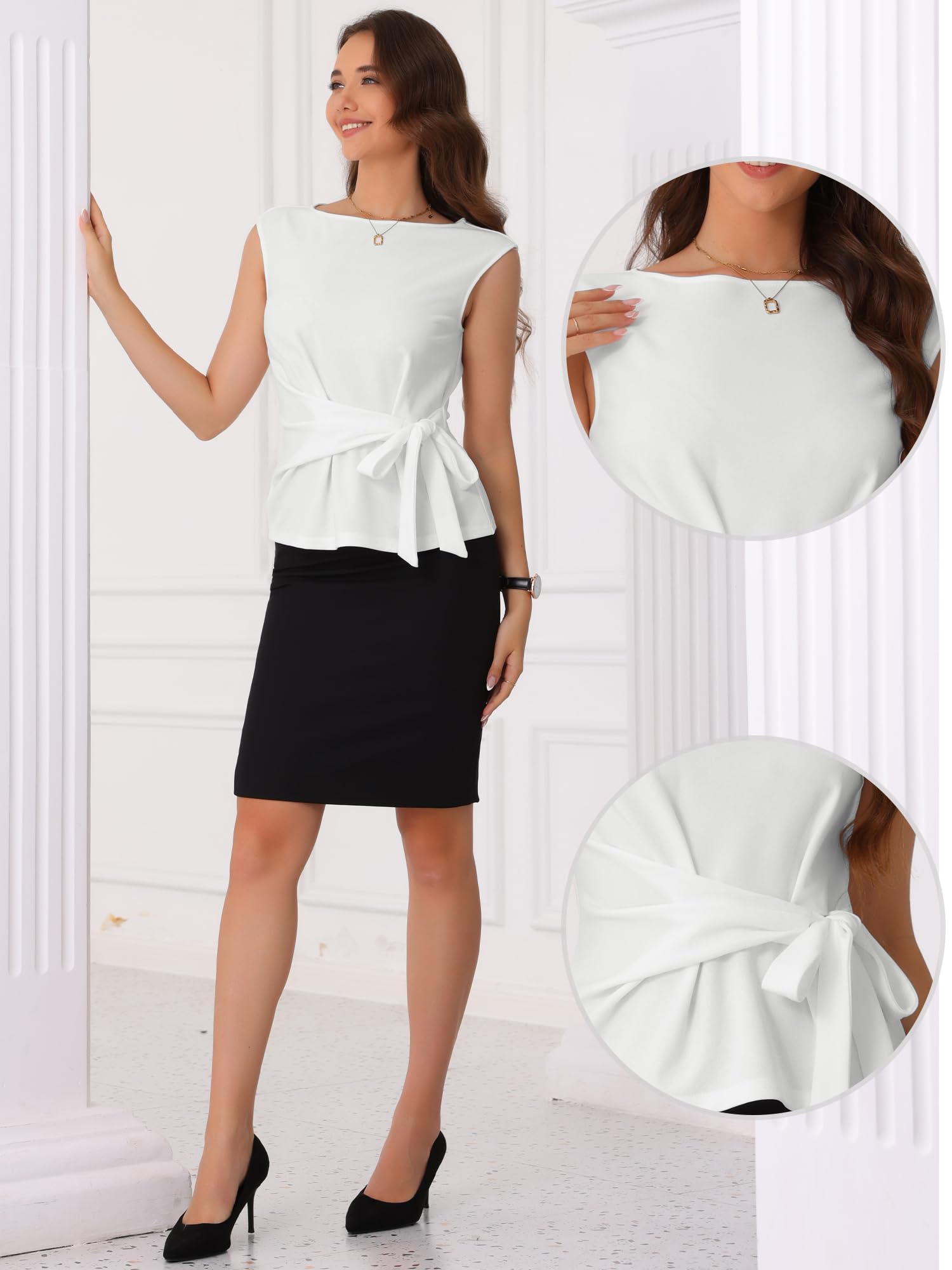 Allegra K Donna Camicetta Senza Maniche Canotte da Lavoro Top Elegante con Scollo A Barca Bluse