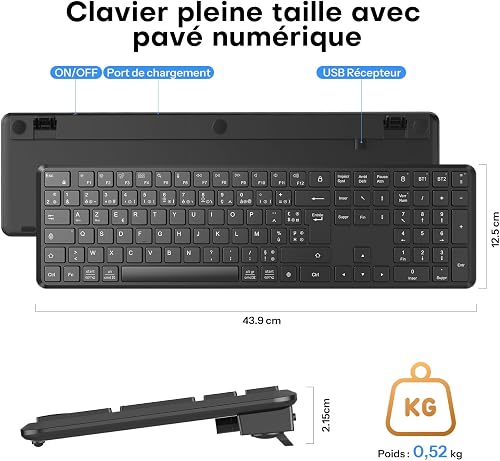 OMOTON Tastiera wireless ricaricabile AZERTY 2,4 GHz Bluetooth - 8