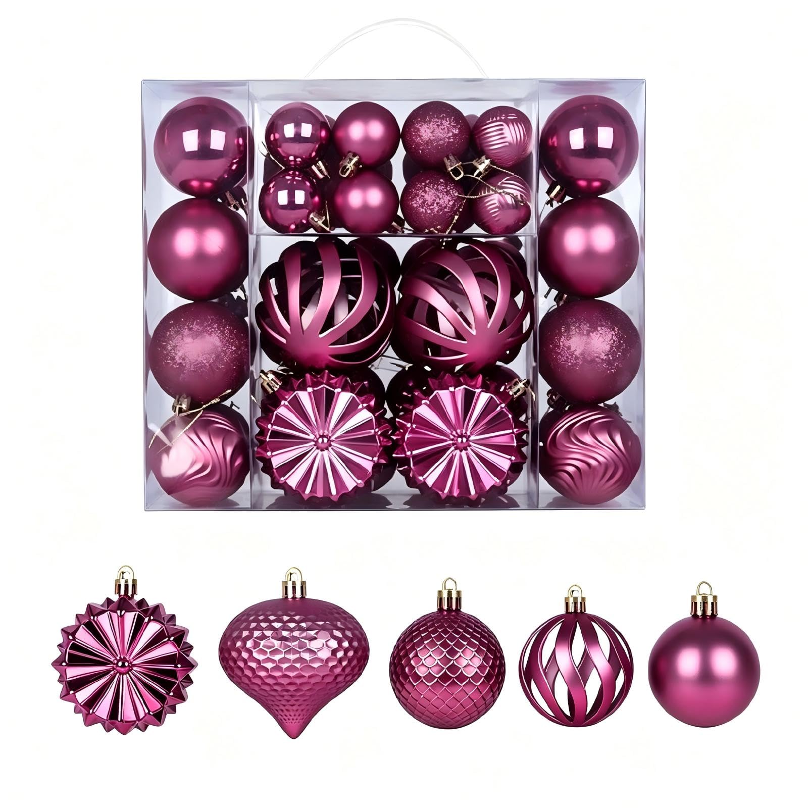 48 Pcs Christmas Balls Decoration, Pink 4-6-8cm Multiple Styles Shatterproof Christmas Baubles Elegant Colours Christmas Ornaments with Hanging Loop for Xmas Tree Home Decorations