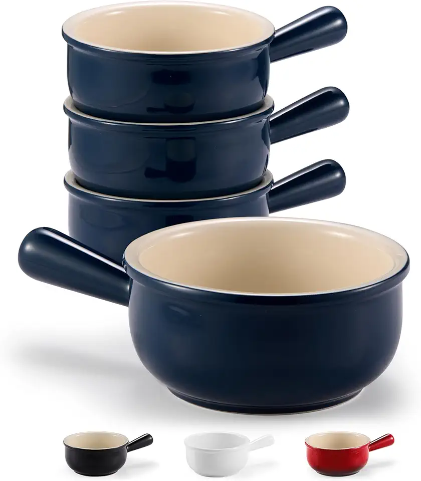 KooK Tigelas de sopa de cebola francesa, potes de sopa de cebola francesa, tigela de sopa com alças, 425 g, conjunto de 4, tigelas de cerâmica, micro-ondas, lavável na lava-louças e no forno, grés