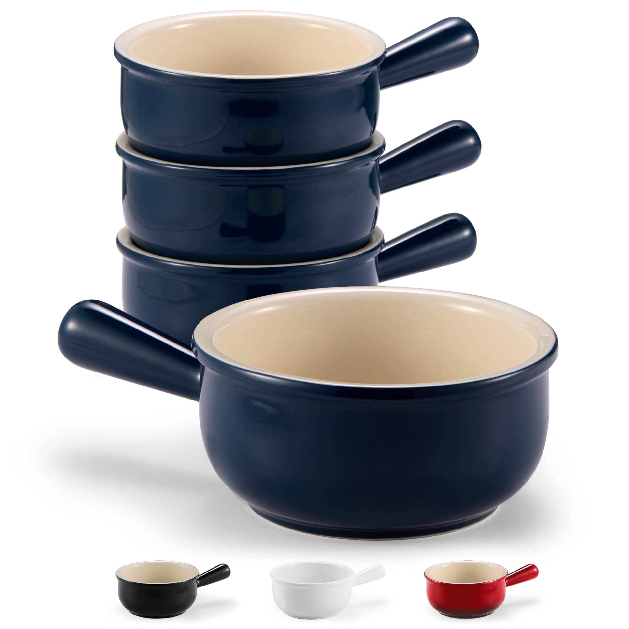 KooK Französische Zwiebel-Suppenschüsseln, Suppentöpfe mit Griffen, 425 ml, Keramikschalen, mikrowellen-, spülmaschinen- und ofenfest, Steingut, Marineblau, 4 Stück