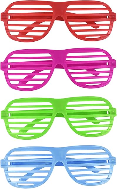 BEHAHAI 4pcs Shutter Shades Glasses Neon Color Shutter Glasses Novelty Eyewear 80s Party Slotted Sunglasses Kids Party Eyewear Plastic Rave Glasses Retro Fancy Dress Costumes Shutter Shading Glasses