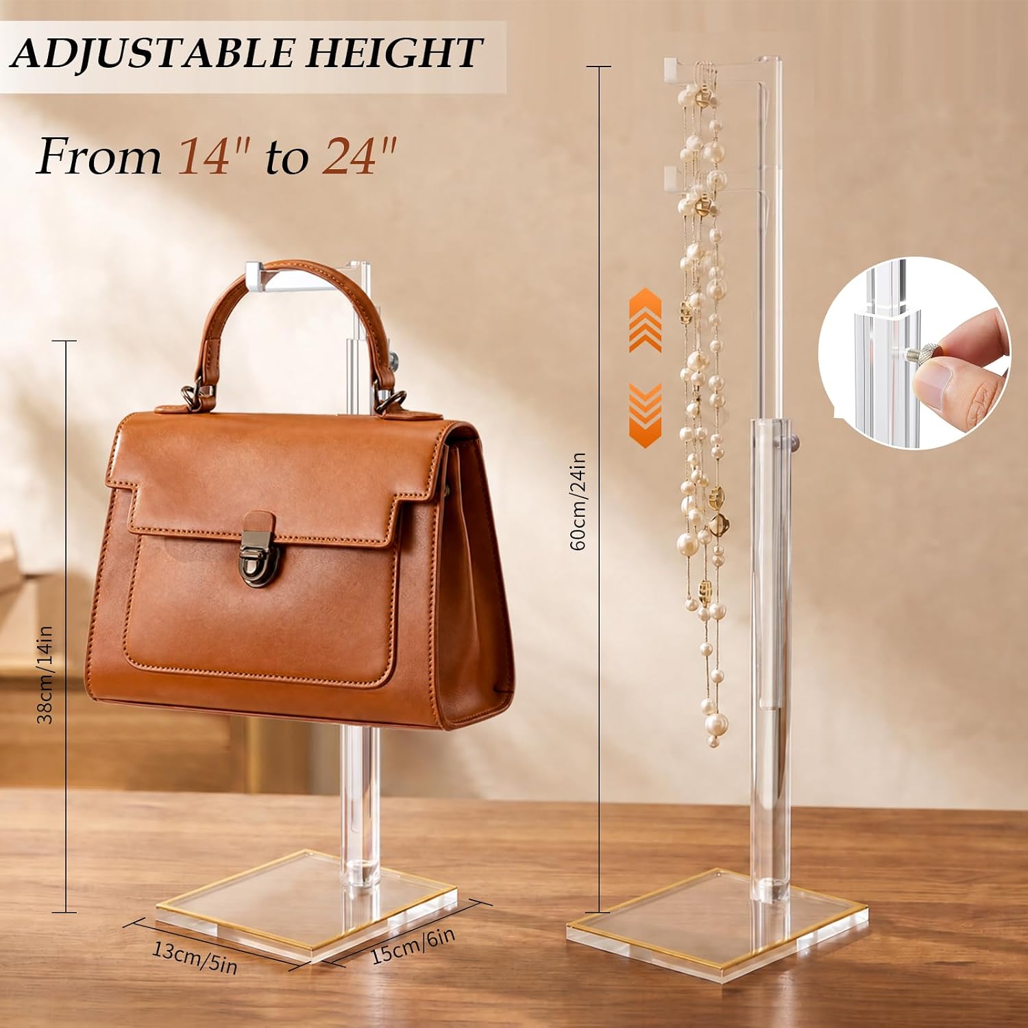 2 Pack Acrylic Purse Display Stands, Clear Handbag Display Stands | 14"-24" Adjustable, Heavy Anti-Slip Gold Trim Base, Sturdy Bags Holder Purse Rack for Counter Closet Retail Boutique