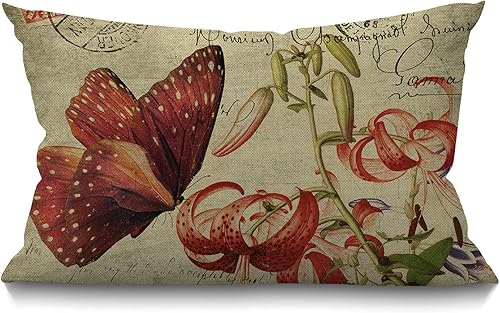 Smooffly Funda de almohada con diseño de mariposa, mariposa roja vintage con decoración de flores, funda de cojín para sofá, sofá, lino y algodón,
