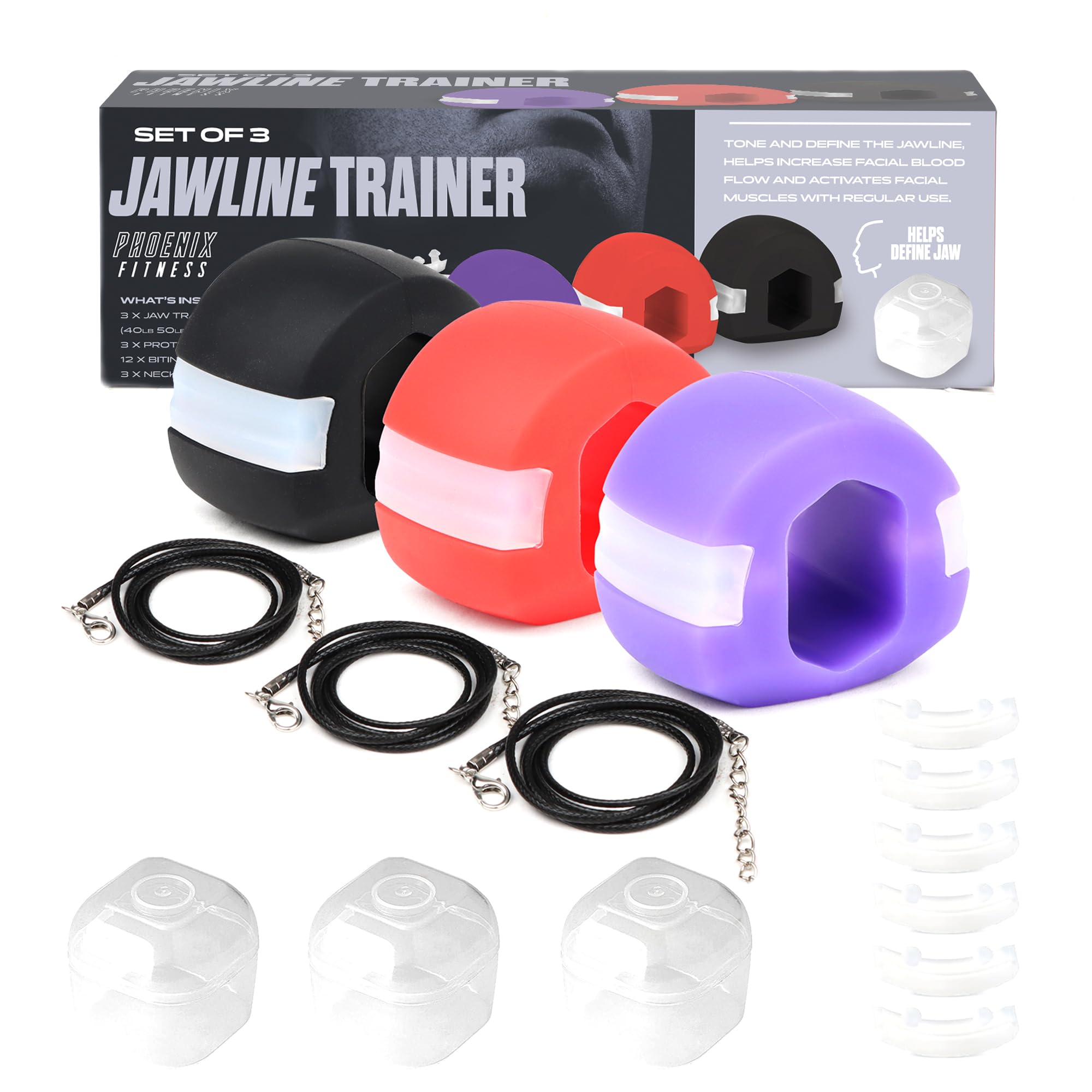 Phoenix Fitness Jaw Exerciser - Jawline Trainer with 3 Levels of Resistance 40lbs 50lbs 60lbs - Face Exerciser for Men & Women - Pack of 3 with 12 Biting Strips, 3 Necklaces & 3 Cases