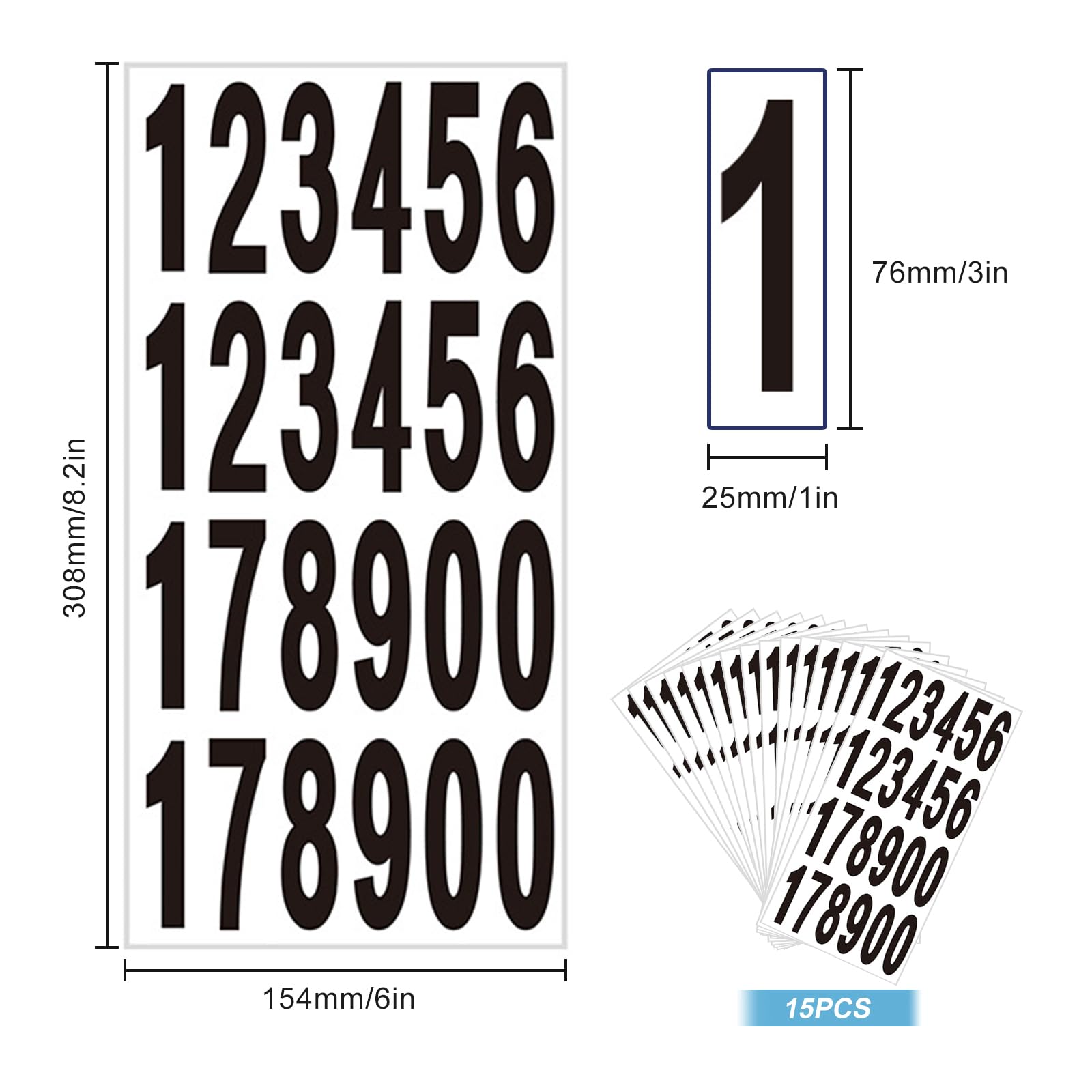Adesivi Numeri Grandi Neri – 216 Pezzi, 6 Fogli Da 7,6 Cm, Vinile Autoadesivo, Per Porte E Cassette