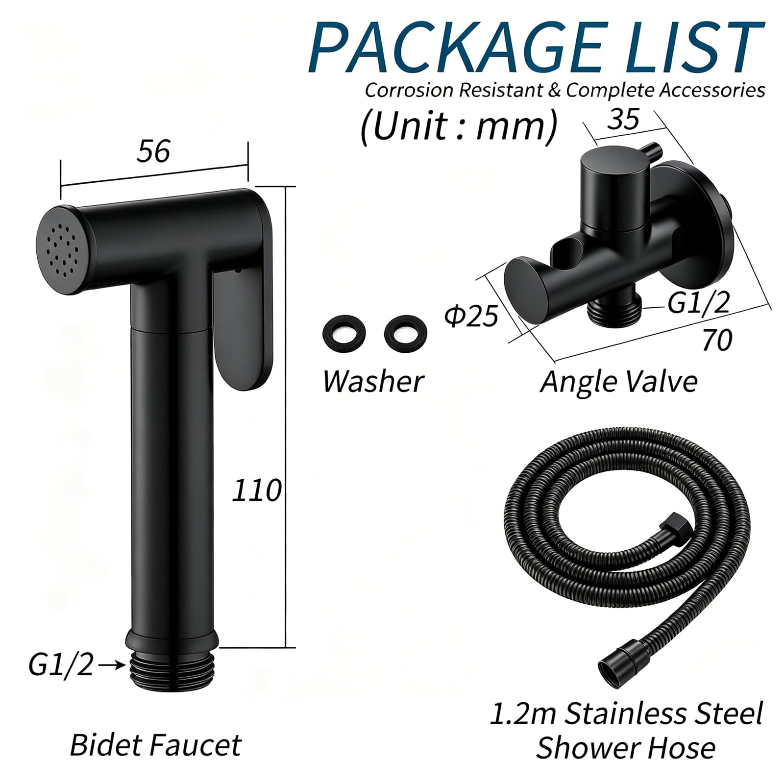 Bidet Handbrause für Toilette Schwarz Hand Bidet Sprayer Wandmontiert Messing Bidet Toilettensprüher Hochdruck Bidet Armaturen für WC, Persönliche Hygiene & Windelreinigung