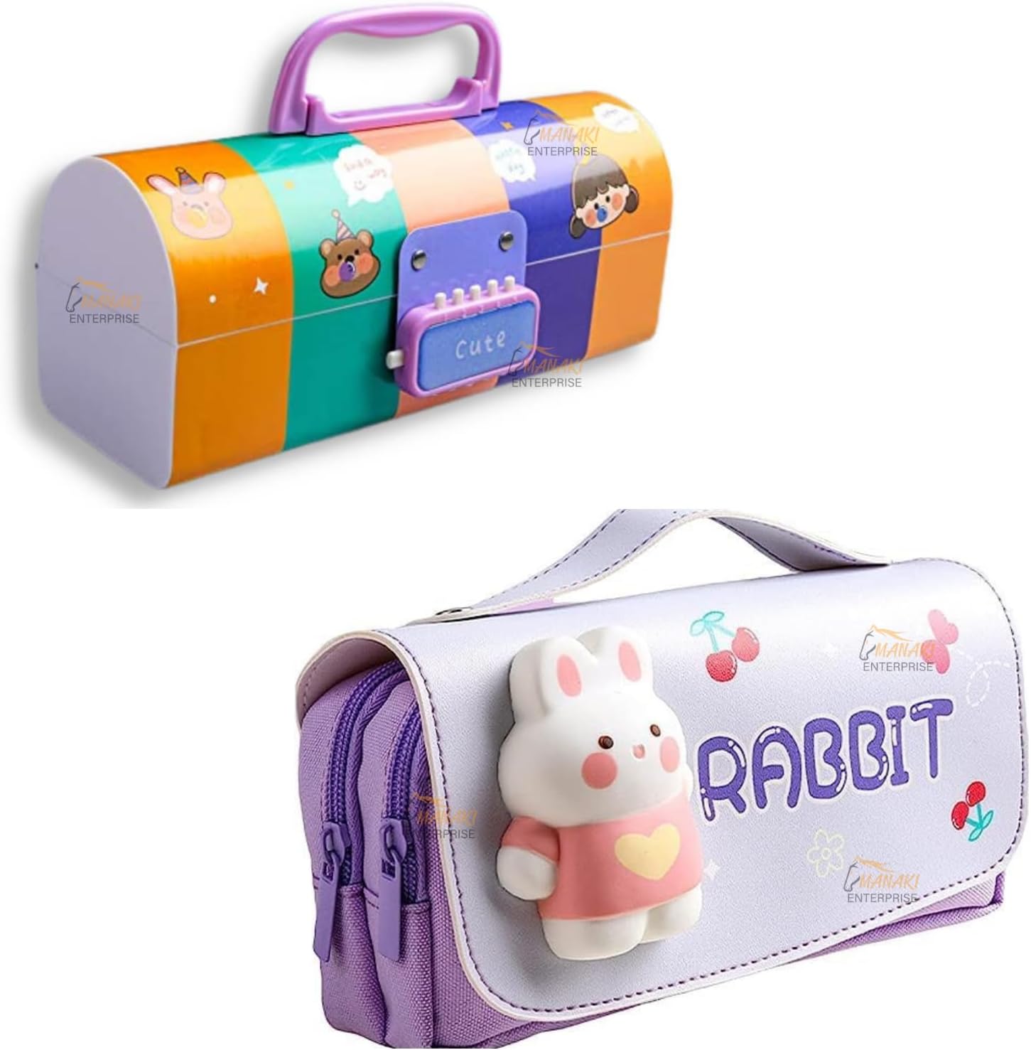 Pencil case Style Password Lock Multi-Layer Pencil Box & 3D EVA Pencil Case Pouch for Boys Girls(Cute Multicolor P.Box+Rabbit Pouch)