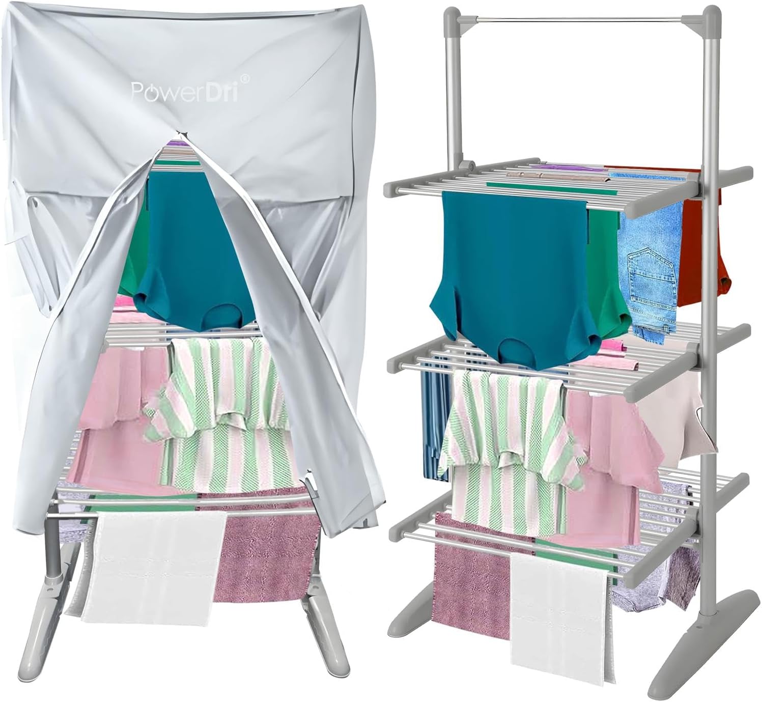 Electric Heated Clothes Airer with 3 Tiers – 30 Drying Rails, Foldable Slimline Design, 21m Hanging Space, 15kg Capacity, Energy-Efficient Indoor Laundry Dryer