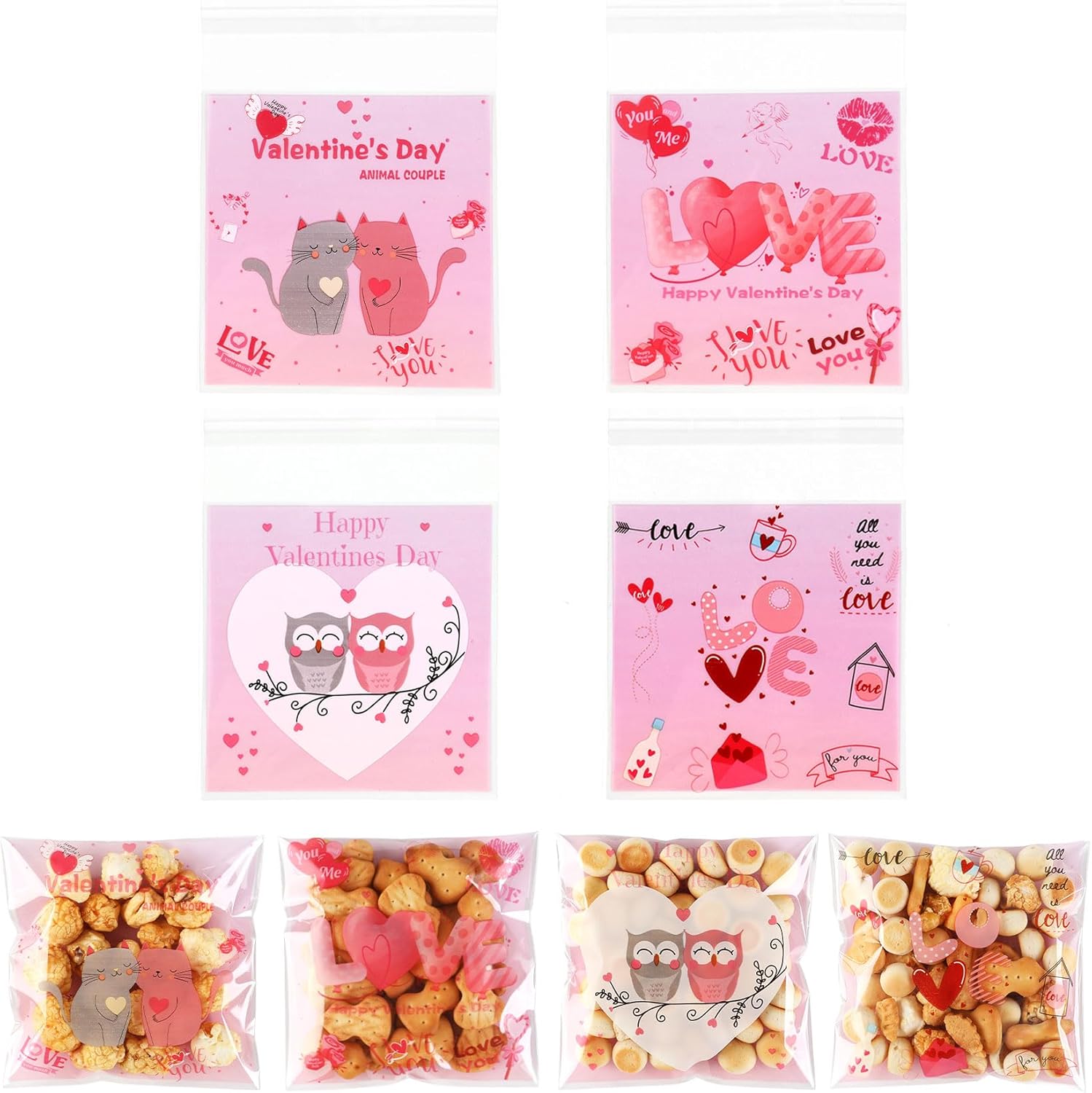Valentines Goodie Bags, 100Pcs Valentines Cellophane Treat Bags, Self Sealing Plastic Self-adhesive Snack Candy Gift Wrap Ziplock Bag for Valentine's Day Party Supplies Mini Gift Bag Bulk Decorations