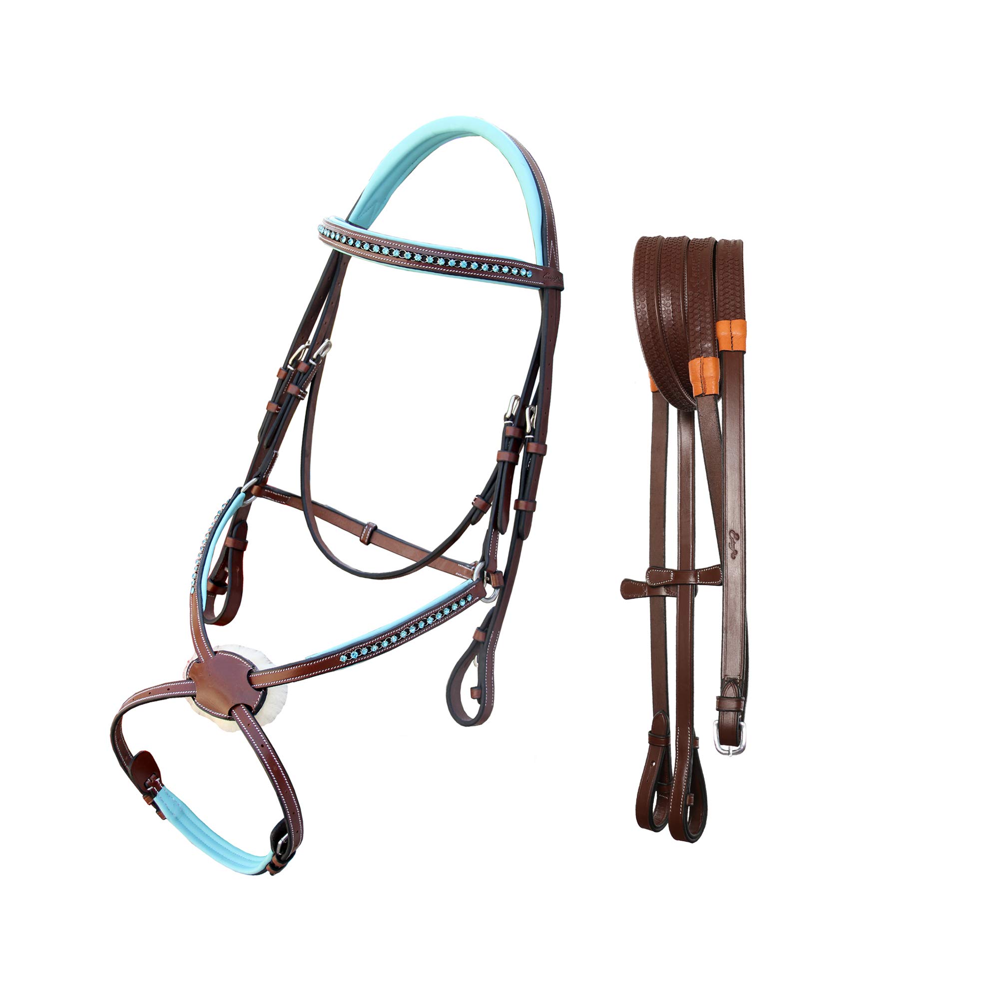 Exion - Briglia da cavallo con fascia per sopracciglia e 8, con corona foderata blu e redini in gomma, briglia inglese blu Royal Figure Eight (nero, pony)