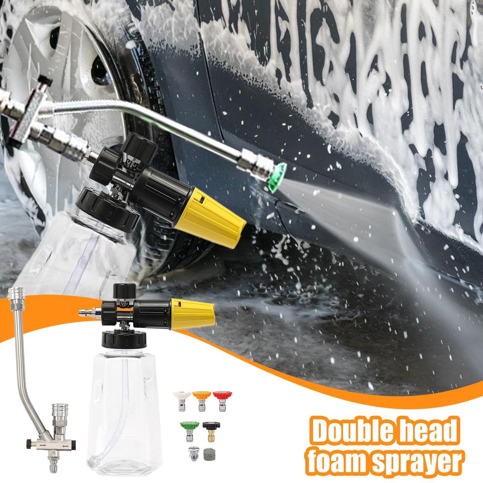 Pistola a schiuma autolavaggio – attacco idropulitrice, set di 5 ugelli | dispenser di sapone con attacco rapido e grande volume per casa, terrazza, giardino, ponte, fattoria, professionale