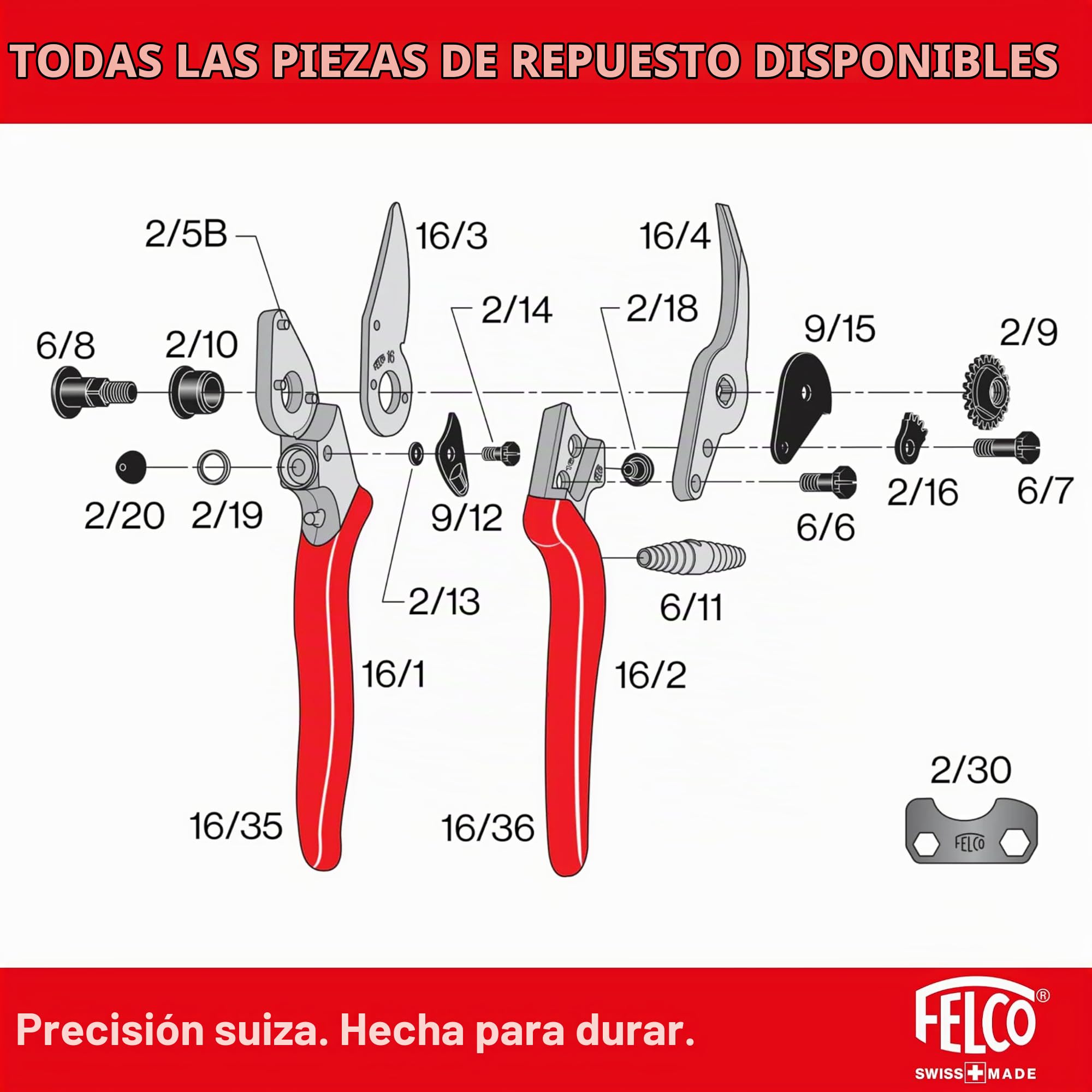 FELCO 16 tijeras de podar para zurdos con manos medianas, corte 20 mm | Versión zurdos con cuchilla de acero templado 42 mm, para cortes precisos en rosas y arbustos. Swiss Made.