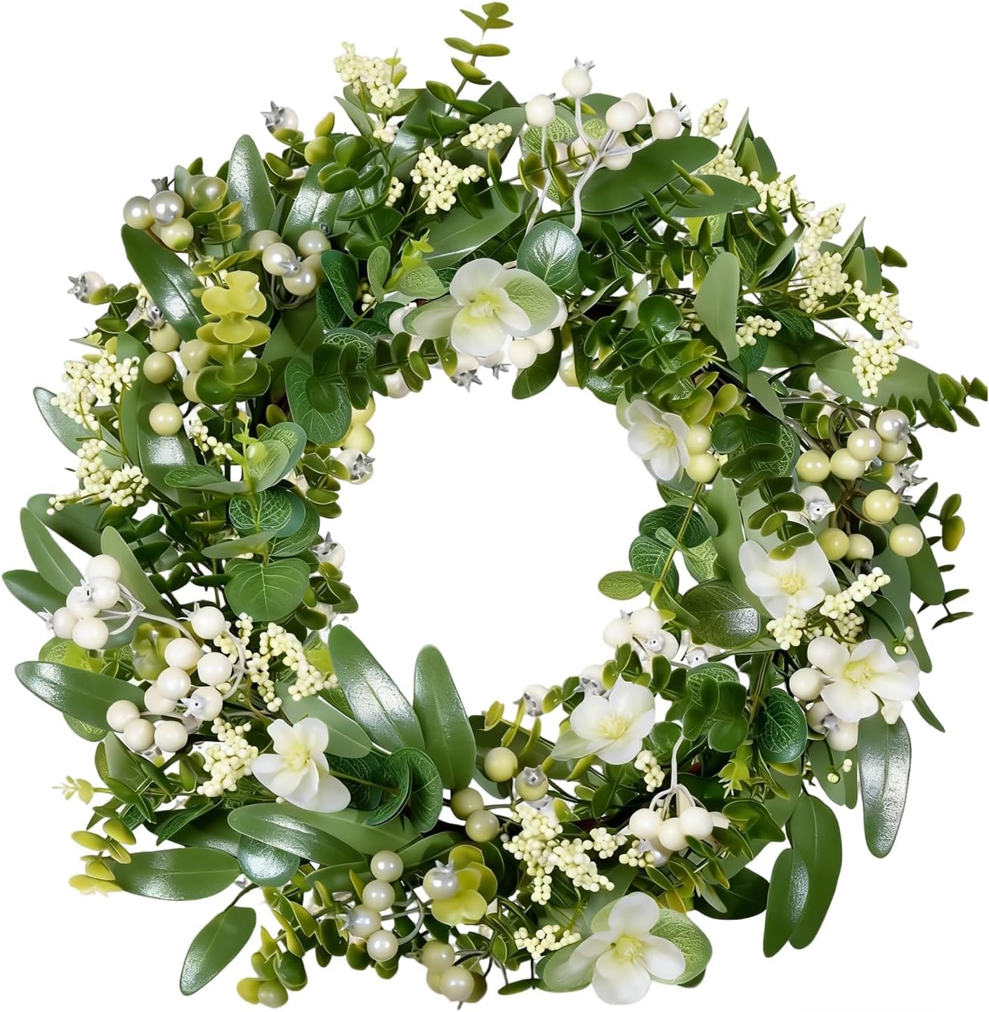 Couronne d'Eucalyptus Artificielle de 46 cm pour Porte d'Entrée, Couronne Verte de Printemps/Été, Couronnes Artificielle Réaliste pour Décoration de Porte, Mariage, Fête, Maison, Fenêtre, Mur, Jardin