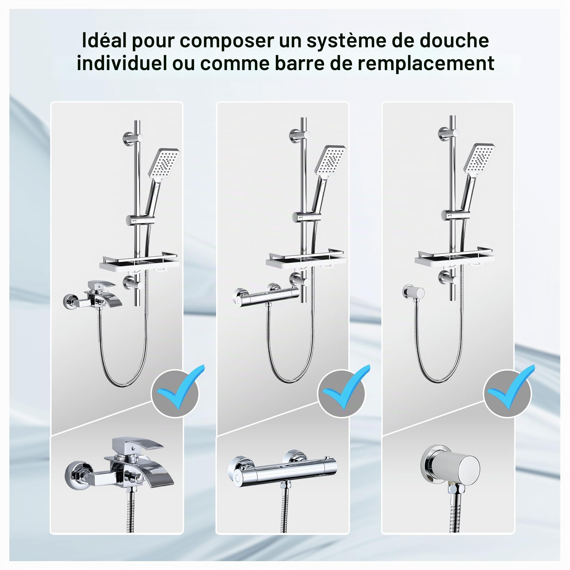Görbach Colonne de Douche avec Étagère Douche, Barre de Douche INOX 70 cm Ensemble de Douche avec Douchette à main 3 Jets et Tuyau pour Salle de Bain, Rectangulaire, Chromée