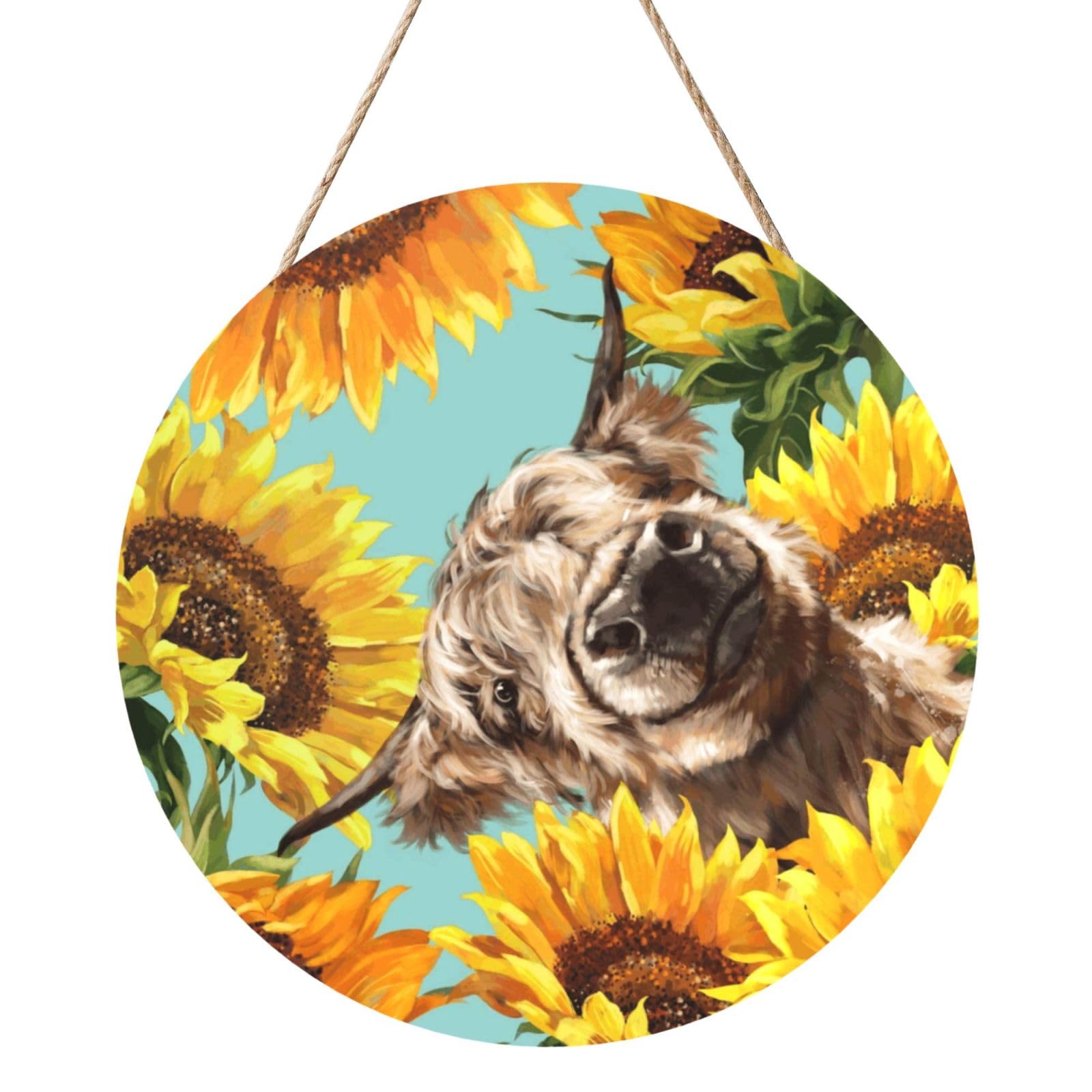 InOmak Highl And Cow With Sunflowers, Round Wood Panel Painting 12 in, Wall Hanging Painting For Home