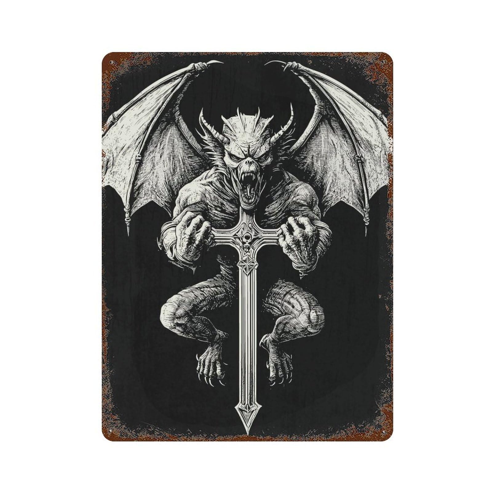 Garage Style Demon with Cross Rustic Tin Plaque 15.7"x11.8", Classic Wall Plaque for Bar And Workshop