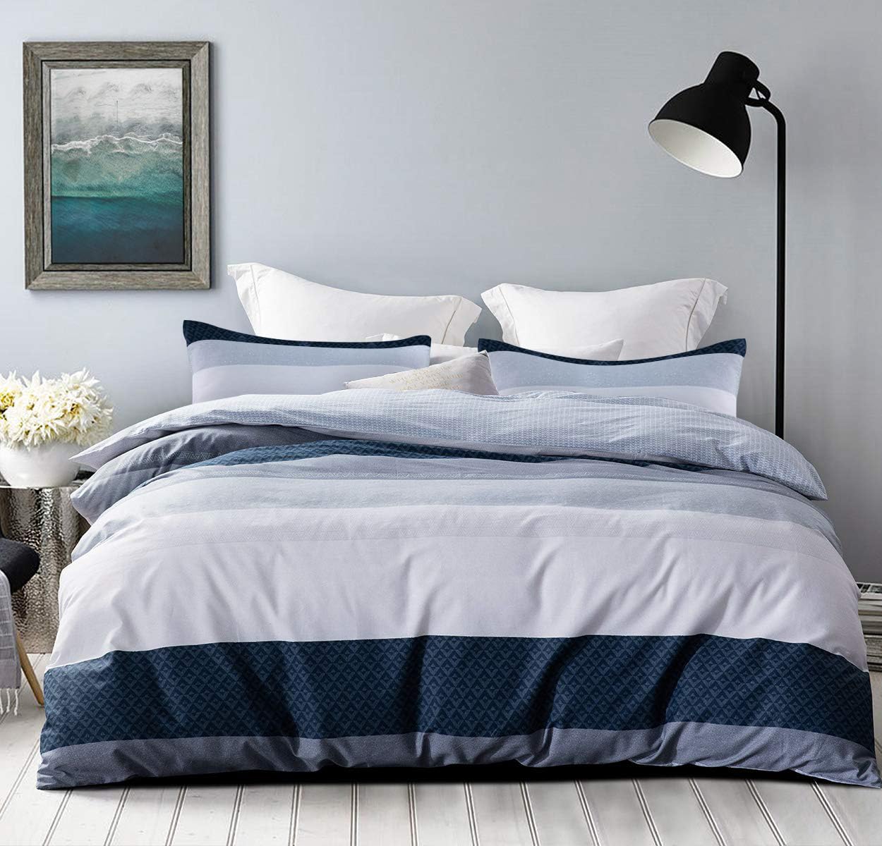 SLEEPBELLA Bettdecke für King-Size, Fadenzahl 600, Baumwolle, Babyblau und Marineblau, gestreift, Patchwork, wendbares Muster, wendbar, blau, 3-teilig (Kingsize, Blaues Patchwork)