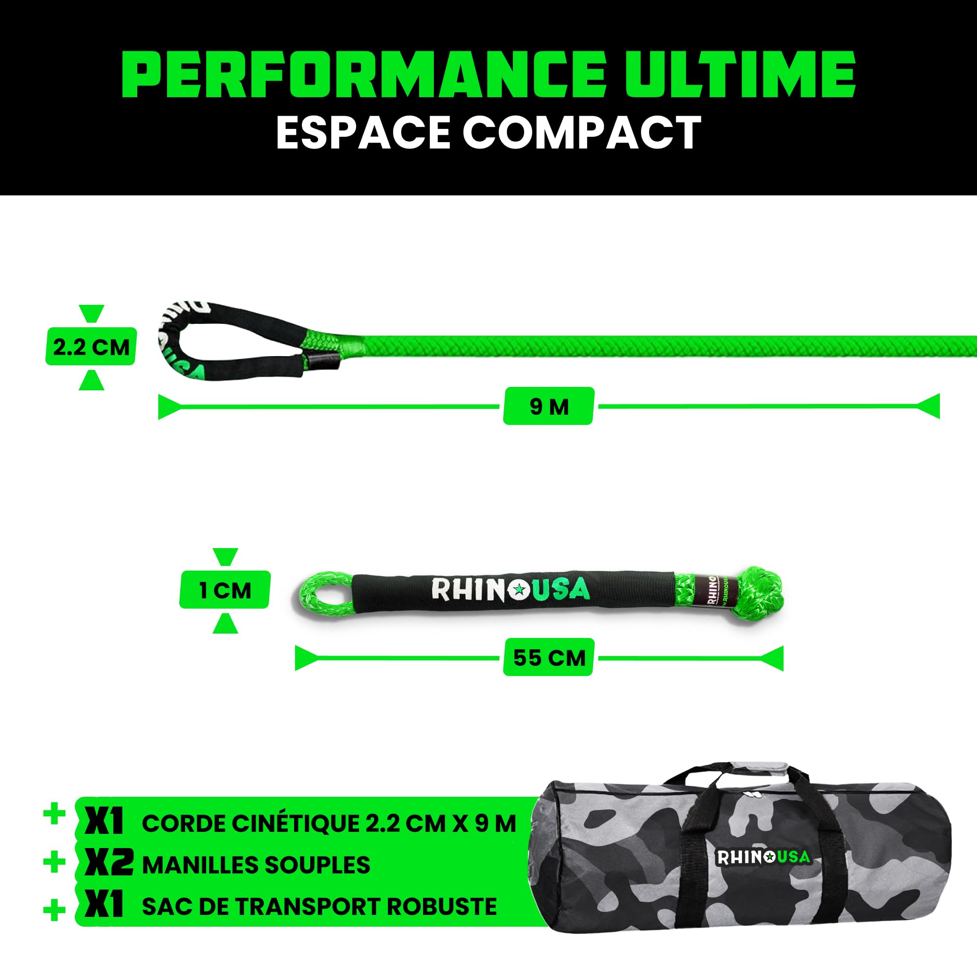 Rhino USA Kit de Récupération de Corde Cinétique 13,000 kg - 2.2 cm x 9 m - Sangle Remorquage Voiture Tout-Terrain avec 2 Manille Treuil 4x4 pour UTV ATV LKW Tracteur Camion Quad - Vert