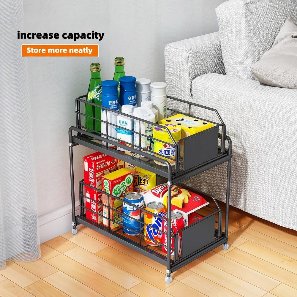 Under Sink Kitchen Storage Organizer, 2 Tier Sliding Cabinet Basket with Pull-Out Drawer, foldable Metal Under Sink Organizers for Bathroom, Pantry, Countertop, Rustproof Multi-Purpose Storage Bins