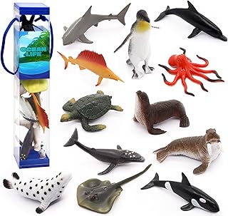 12 pcs Animal Sea Figures Ocean Toy for Kids: Sharks, Whales & Octopus-Sea Animal Toys Set,Gifts for Kids & Toddlers-Ages 3