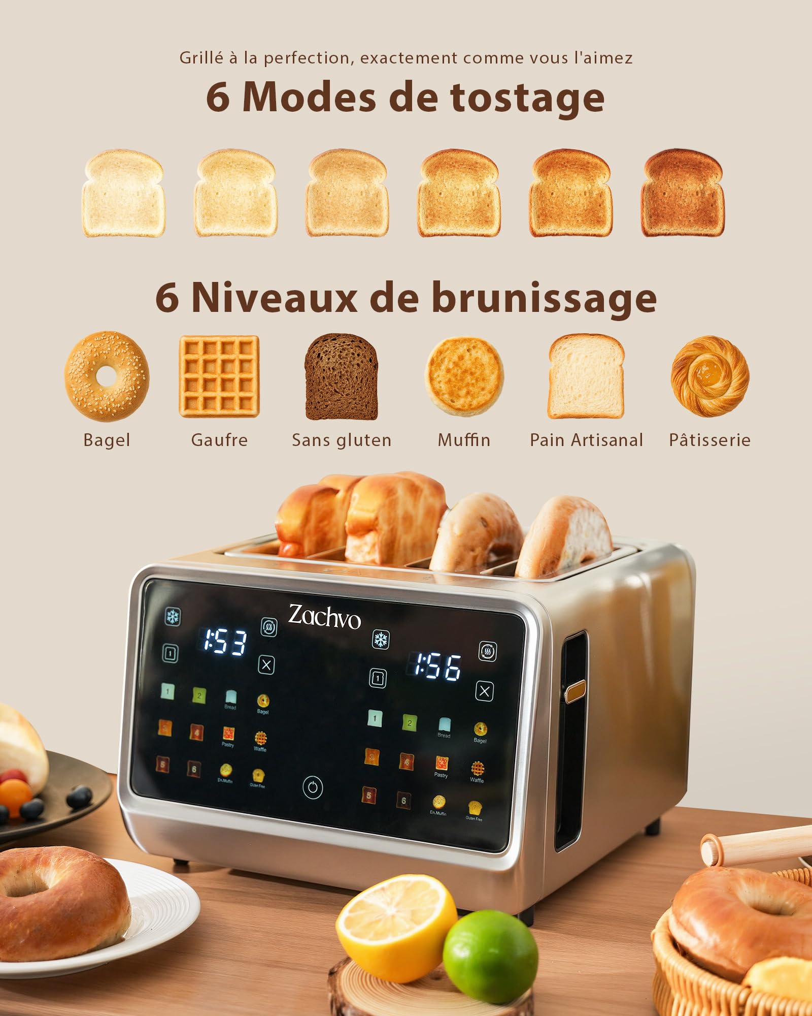 Grille-Pain 4 Tranches en Acier Inoxydable, Grand Écran Tactile, 2 Zones Indépendantes, Fentes Extra-Larges 3,7 cm, 6 Programmes, Support Viennoiseries et Pinces à Sandwich