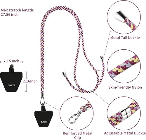 Vista 3 de OUTXE Paquete de 2 cordones para teléfono, 2 correas ajustables para el cuello, 4 parches para teléfono, #3-Púrpura